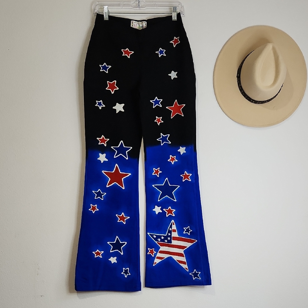 Star-Patterned Black and Blue Flare Pants